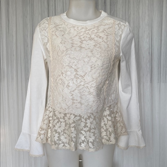 REDUCED! See by Chloe Pullover Elegant Lace Trim Cream Peplum Long Sleeves Top! - Picture 1 of 17